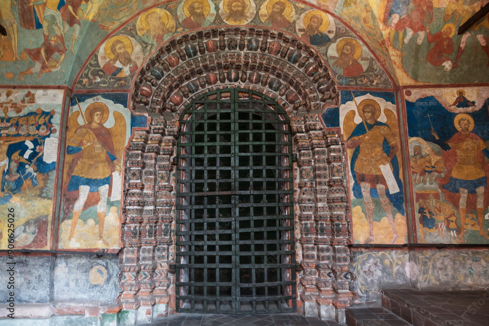 Frescoes in the Church of St. John the Baptist in Tolchkovo, the entrance to the main temple from the western gallery. UNESCO World Heritage Site. Yaroslavl, Russia