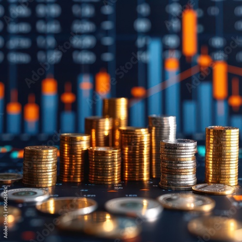 Visual representation of finance with coins and a stock market graph, symbolizing investment and economic growth.