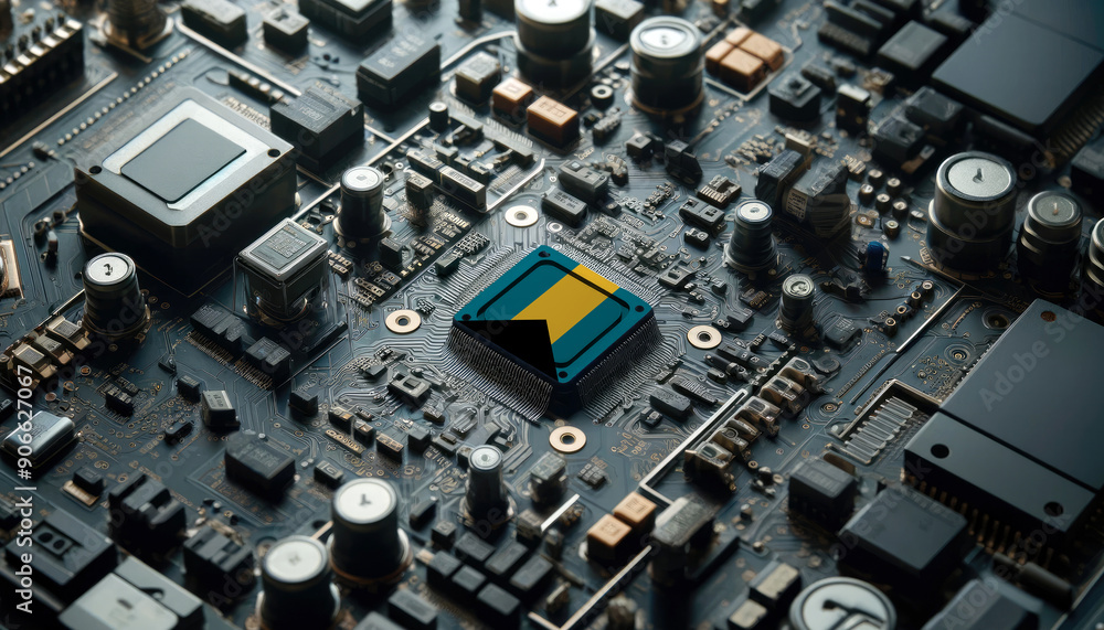 A high-tech circuit board showcasing a microchip with the Bahamas flag, emphasizing Bahamas role in pioneering advanced electronics and microtechnology innovations A high-tech circuit board showcasing a microchip with the Bahamas flag, emphasizing Bahamas role in pioneering advanced electronics and microtechnology innovations