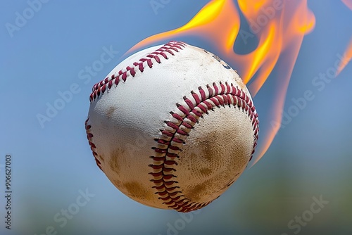 A fiery baseball in motion, showcasing dynamic energy and action against a clear sky backdrop. photo