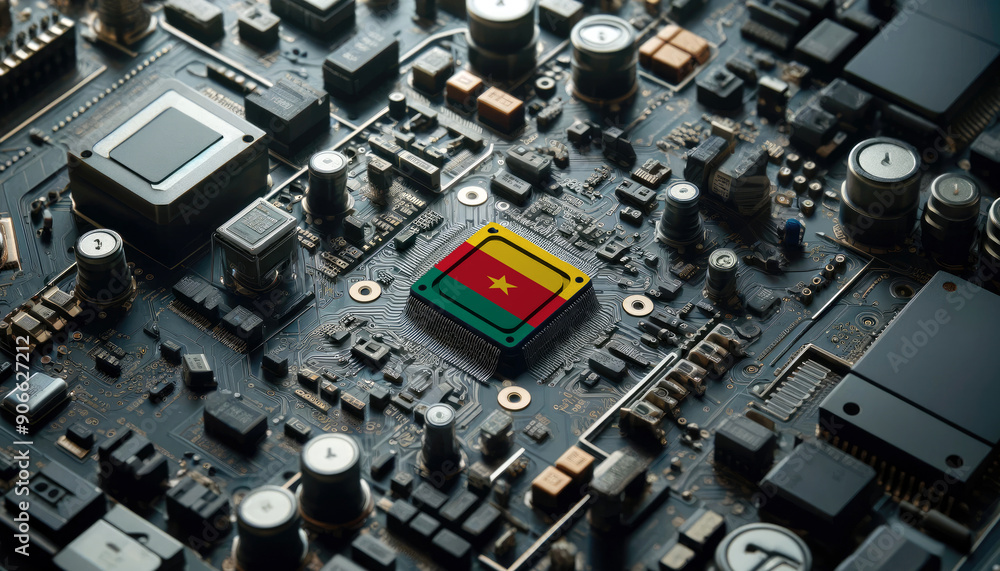 A high-tech circuit board showcasing a microchip with the Cameroon flag, emphasizing Cameroon role in pioneering advanced electronics and microtechnology innovations A high-tech circuit board showcasing a microchip with the Cameroon flag, emphasizing Cameroon role in pioneering advanced electronics and microtechnology innovations