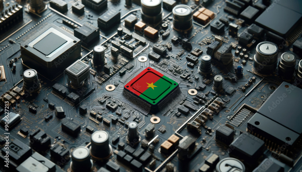 A high-tech circuit board showcasing a microchip with the Burkina Faso flag, emphasizing Burkina Faso role in pioneering advanced electronics and microtechnology innovations A high-tech circuit board showcasing a microchip with the Burkina Faso flag, emphasizing Burkina Faso role in pioneering advanced electronics and microtechnology innovations