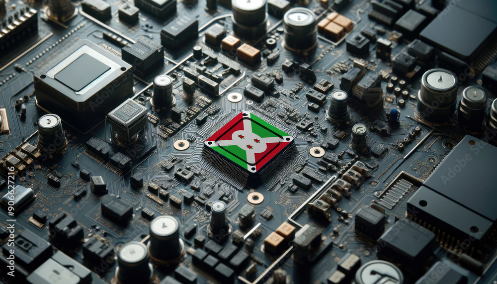 A high-tech circuit board showcasing a microchip with the Burundi flag, emphasizing Burundi role in pioneering advanced electronics and microtechnology innovations A high-tech circuit board showcasing a microchip with the Burundi flag, emphasizing Burundi role in pioneering advanced electronics and microtechnology innovations