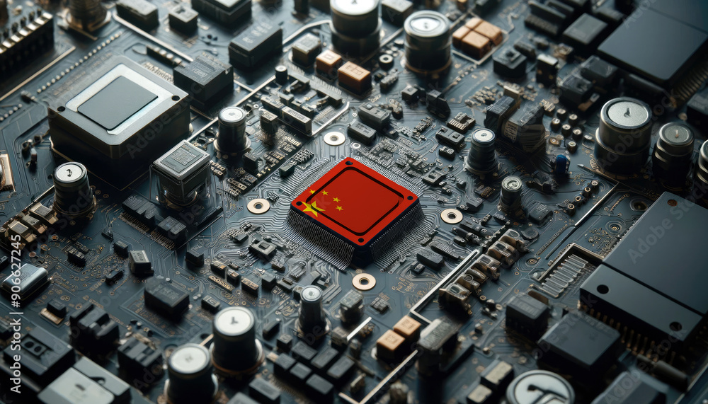 A high-tech circuit board showcasing a microchip with the China flag, emphasizing China role in pioneering advanced electronics and microtechnology innovations A high-tech circuit board showcasing a microchip with the China flag, emphasizing China role in pioneering advanced electronics and microtechnology innovations