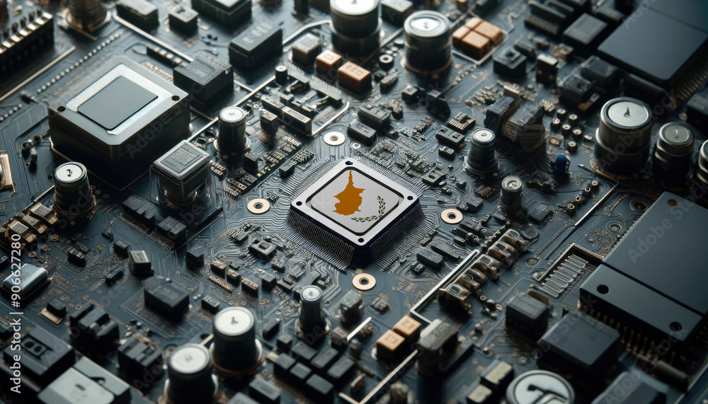 A high-tech circuit board showcasing a microchip with the Cyprus flag, emphasizing Cyprus role in pioneering advanced electronics and microtechnology innovations A high-tech circuit board showcasing a microchip with the Cyprus flag, emphasizing Cyprus role in pioneering advanced electronics and microtechnology innovations