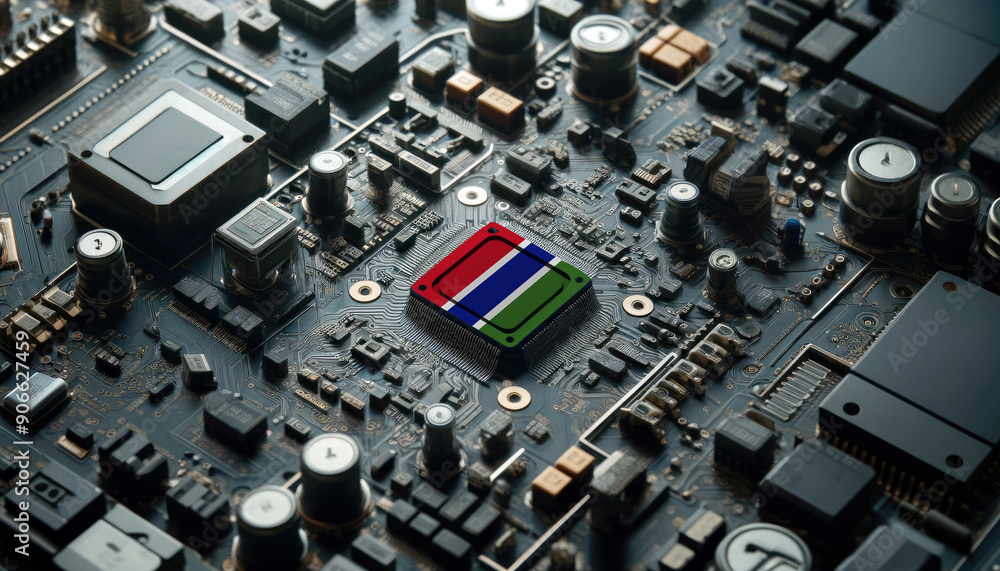 A high-tech circuit board showcasing a microchip with the Gambia flag, emphasizing Gambia role in pioneering advanced electronics and microtechnology innovations A high-tech circuit board showcasing a microchip with the Gambia flag, emphasizing Gambia role in pioneering advanced electronics and microtechnology innovations