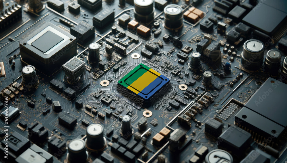 Fototapeta premium A high-tech circuit board showcasing a microchip with the Gabon flag, emphasizing Gabon role in pioneering advanced electronics and microtechnology innovations