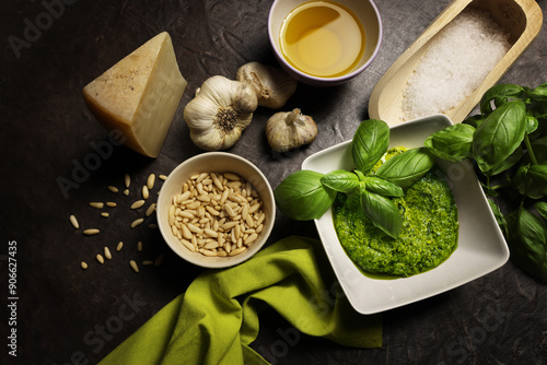 Pesto alla genovese. Still life con gli ingredienti della ricetta: basilico, pinoli, olio d’oliva, aglio, formaggio pecorino, sale