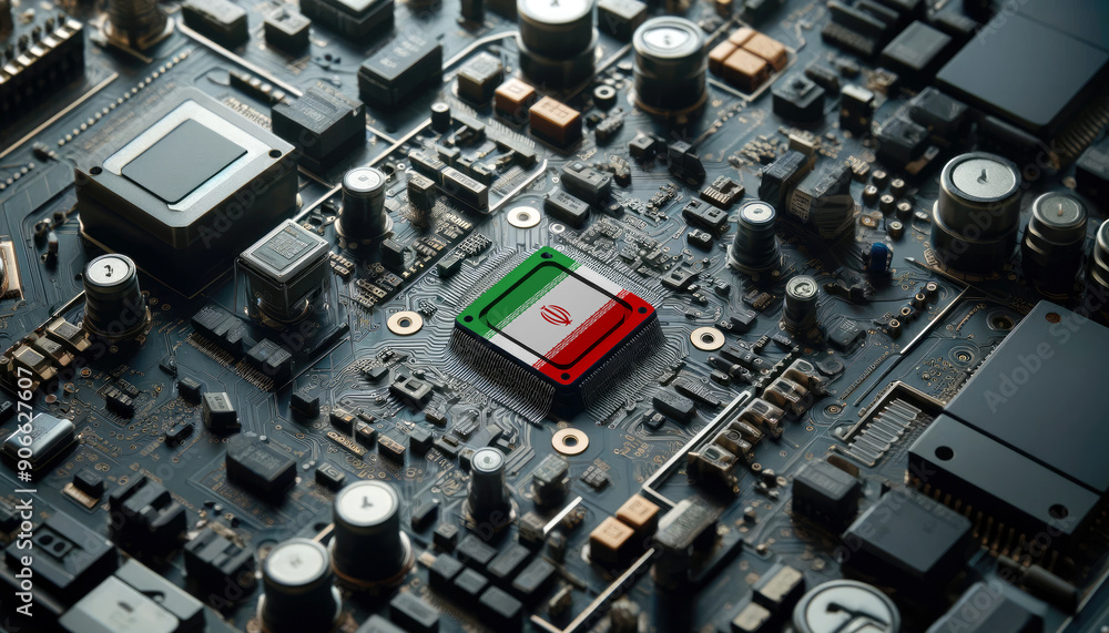A high-tech circuit board showcasing a microchip with the Iran flag, emphasizing Iran role in pioneering advanced electronics and microtechnology innovations A high-tech circuit board showcasing a microchip with the Iran flag, emphasizing Iran role in pioneering advanced electronics and microtechnology innovations