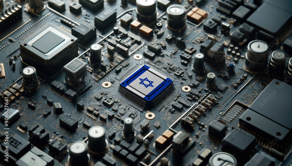 A high-tech circuit board showcasing a microchip with the Israel flag, emphasizing Israel role in pioneering advanced electronics and microtechnology innovations A high-tech circuit board showcasing a microchip with the Israel flag, emphasizing Israel role in pioneering advanced electronics and microtechnology innovations