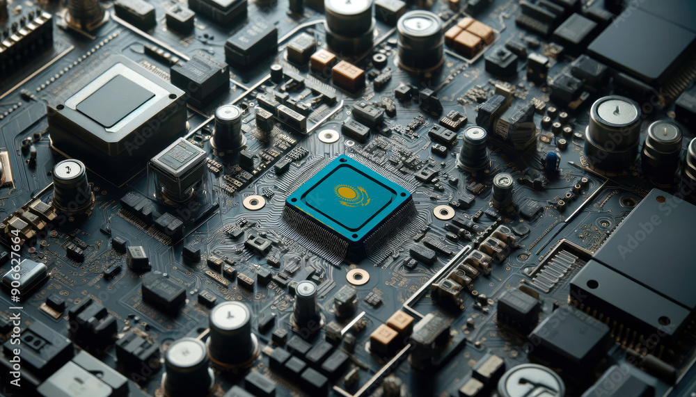 A high-tech circuit board showcasing a microchip with the Kazakhstan flag, emphasizing Kazakhstan role in pioneering advanced electronics and microtechnology innovations A high-tech circuit board showcasing a microchip with the Kazakhstan flag, emphasizing Kazakhstan role in pioneering advanced electronics and microtechnology innovations