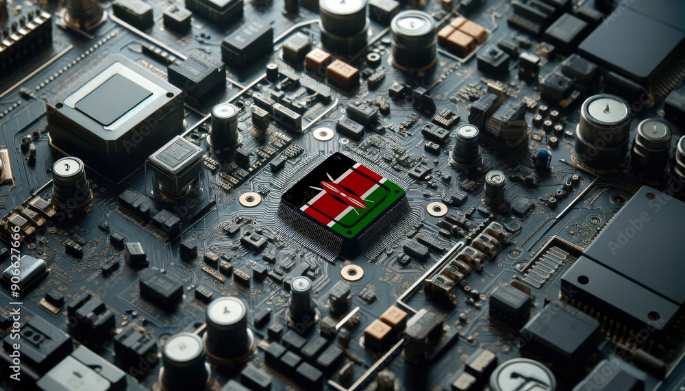 Fototapeta premium A high-tech circuit board showcasing a microchip with the Kenya flag, emphasizing Kenya role in pioneering advanced electronics and microtechnology innovations