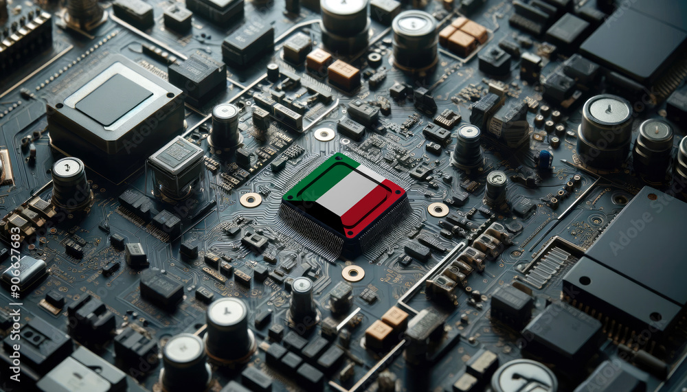 A high-tech circuit board showcasing a microchip with the Kuwait flag, emphasizing Kuwait role in pioneering advanced electronics and microtechnology innovations A high-tech circuit board showcasing a microchip with the Kuwait flag, emphasizing Kuwait role in pioneering advanced electronics and microtechnology innovations