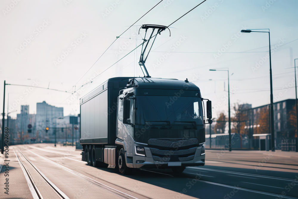 Hybrid long haul electric semi truck driving on a city road connected to overhead electricity line Hybrid long haul electric semi truck driving on a city road connected to overhead electricity line