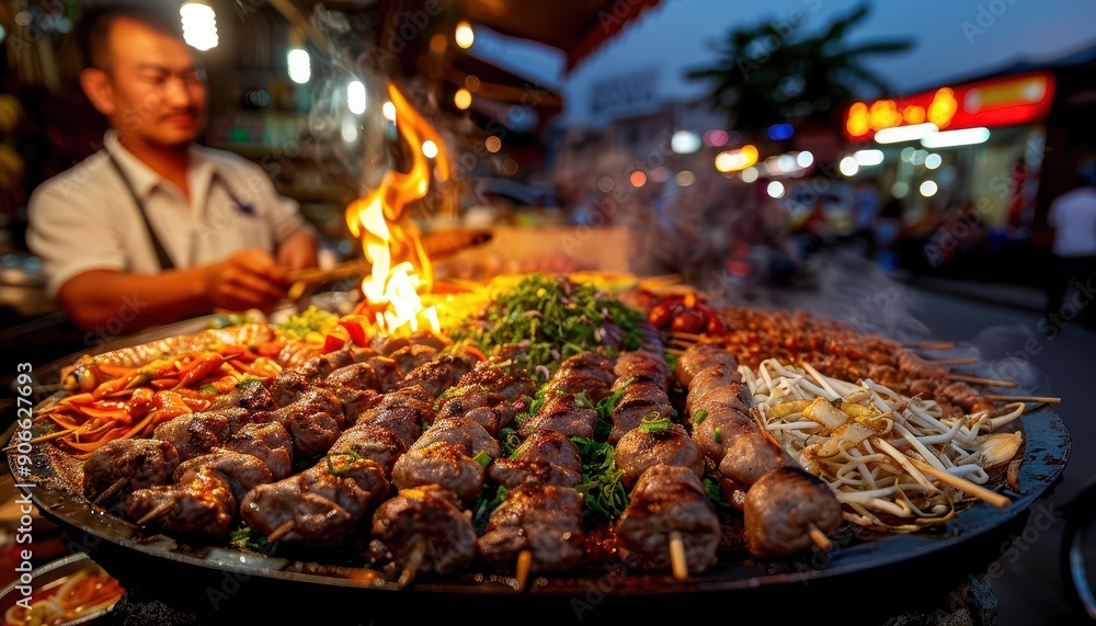 Street cuisine with chefs preparing and serving a variety of local dishes, Cultural, Warm hues, Photography Street cuisine with chefs preparing and serving a variety of local dishes, Cultural, Warm hues, Photography