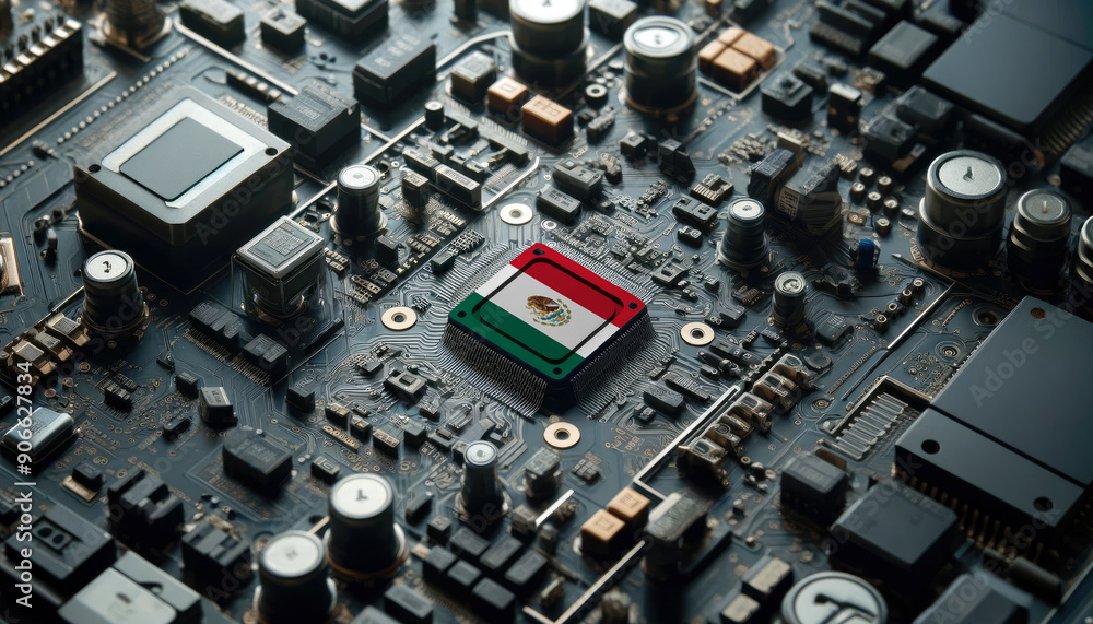 A high-tech circuit board showcasing a microchip with the Mexico flag, emphasizing Mexico role in pioneering advanced electronics and microtechnology innovations A high-tech circuit board showcasing a microchip with the Mexico flag, emphasizing Mexico role in pioneering advanced electronics and microtechnology innovations