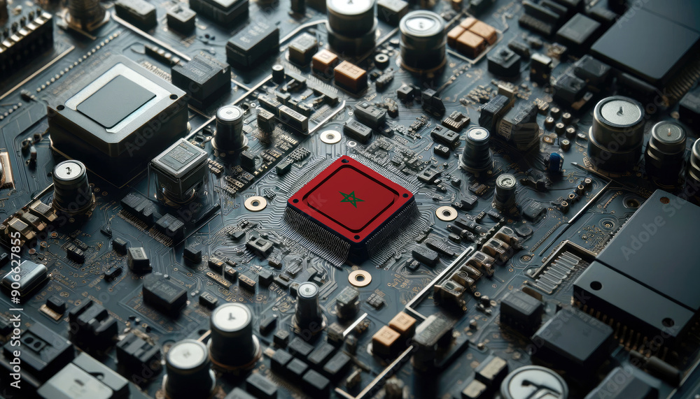 A high-tech circuit board showcasing a microchip with the Morocco flag, emphasizing Morocco role in pioneering advanced electronics and microtechnology innovations A high-tech circuit board showcasing a microchip with the Morocco flag, emphasizing Morocco role in pioneering advanced electronics and microtechnology innovations