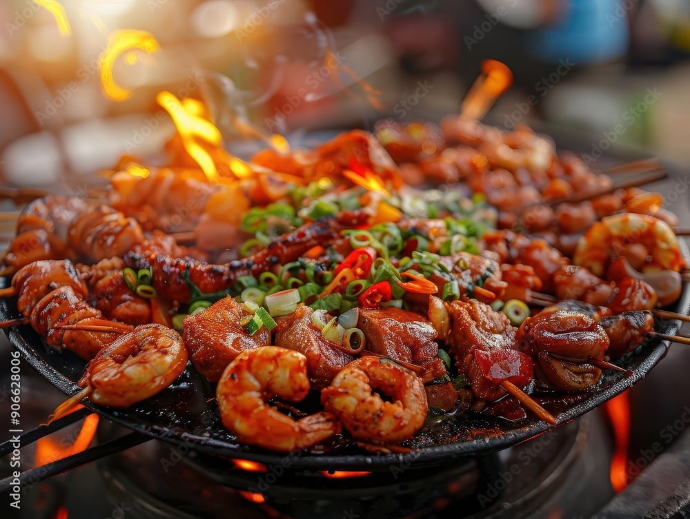 Street cuisine with vendors preparing and selling local dishes, Cultural, Warm hues, Photography Street cuisine with vendors preparing and selling local dishes, Cultural, Warm hues, Photography