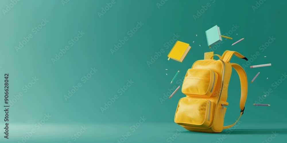 3D Render school yellow backpack levitating books and pencils on a green background banner with space for your text 3D Render school yellow backpack levitating books and pencils on a green background banner with space for your text