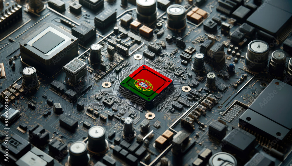 A high-tech circuit board showcasing a microchip with the Portugal flag, emphasizing Portugal role in pioneering advanced electronics and microtechnology innovations A high-tech circuit board showcasing a microchip with the Portugal flag, emphasizing Portugal role in pioneering advanced electronics and microtechnology innovations