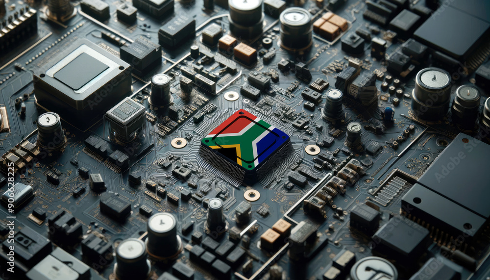 A high-tech circuit board showcasing a microchip with the South Africa flag, emphasizing South Africa role in pioneering advanced electronics and microtechnology innovations A high-tech circuit board showcasing a microchip with the South Africa flag, emphasizing South Africa role in pioneering advanced electronics and microtechnology innovations