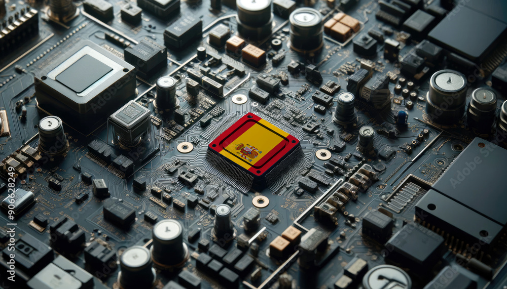 A high-tech circuit board showcasing a microchip with the Spain flag, emphasizing Spain role in pioneering advanced electronics and microtechnology innovations A high-tech circuit board showcasing a microchip with the Spain flag, emphasizing Spain role in pioneering advanced electronics and microtechnology innovations