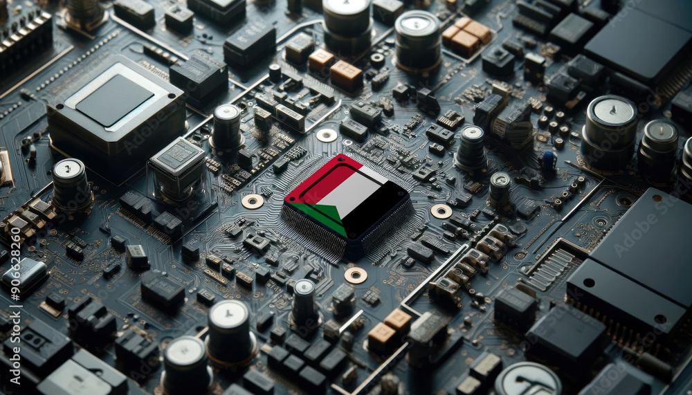 A high-tech circuit board showcasing a microchip with the Sudan flag, emphasizing Sudan role in pioneering advanced electronics and microtechnology innovations A high-tech circuit board showcasing a microchip with the Sudan flag, emphasizing Sudan role in pioneering advanced electronics and microtechnology innovations