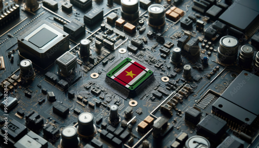 A high-tech circuit board showcasing a microchip with the Suriname flag, emphasizing Suriname role in pioneering advanced electronics and microtechnology innovations A high-tech circuit board showcasing a microchip with the Suriname flag, emphasizing Suriname role in pioneering advanced electronics and microtechnology innovations