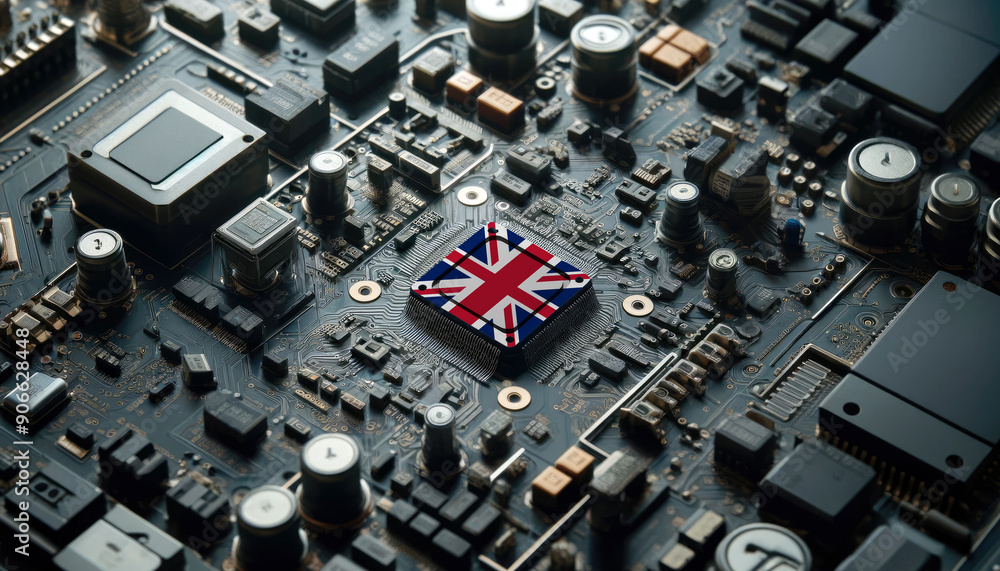 A high-tech circuit board showcasing a microchip with the United Kingdom flag, emphasizing United Kingdom role in pioneering advanced electronics and microtechnology innovations A high-tech circuit board showcasing a microchip with the United Kingdom flag, emphasizing United Kingdom role in pioneering advanced electronics and microtechnology innovations