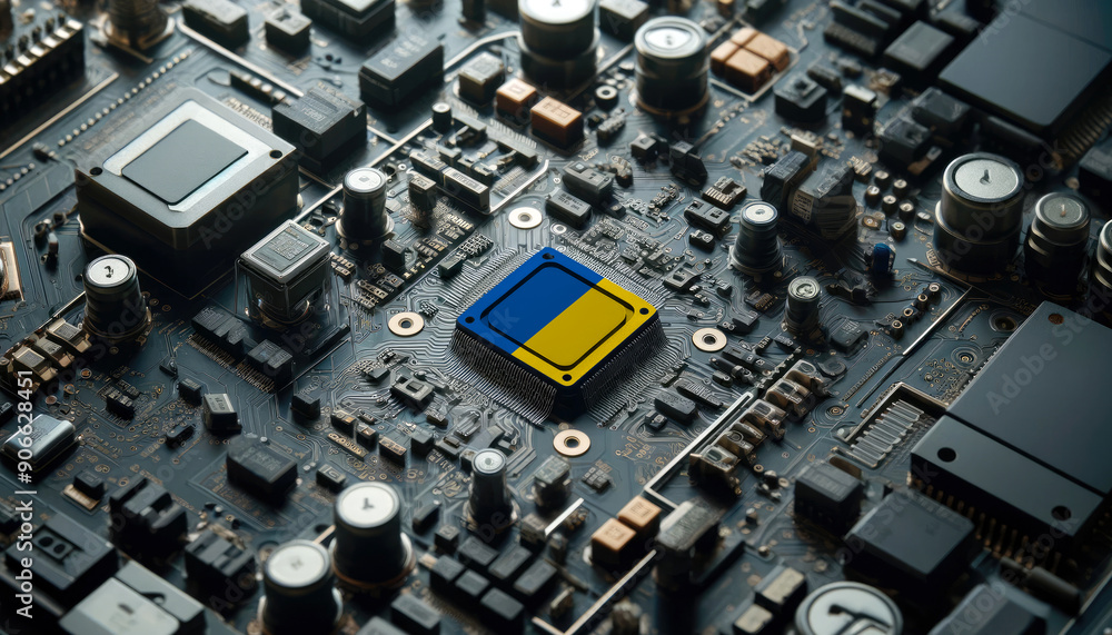 A high-tech circuit board showcasing a microchip with the Ukraine flag, emphasizing Ukraine role in pioneering advanced electronics and microtechnology innovations A high-tech circuit board showcasing a microchip with the Ukraine flag, emphasizing Ukraine role in pioneering advanced electronics and microtechnology innovations
