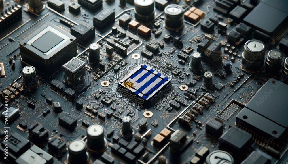 A high-tech circuit board showcasing a microchip with the Uruguay flag, emphasizing Uruguay role in pioneering advanced electronics and microtechnology innovations A high-tech circuit board showcasing a microchip with the Uruguay flag, emphasizing Uruguay role in pioneering advanced electronics and microtechnology innovations
