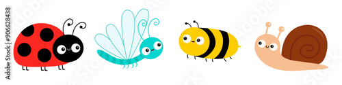 Ladybug, Bee bumblebee, snail cochlea, dragonfly, lady bug ladybird flying insect icon set line. Cute cartoon kawaii funny baby character. Happy Valentines Day. Flat design. White background. Vector