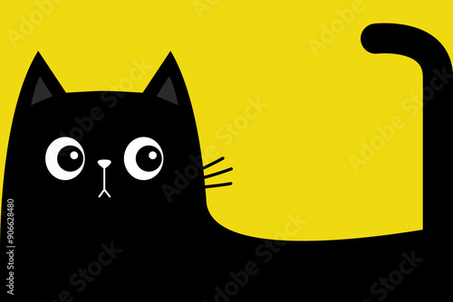 Black cat. Long half body with tail. Cute cartoon kawaii baby character. Funny sad face head silhouette. Square kitten. Meow. Kawaii animal. Pet collection. Flat design. Yellow background. Vector