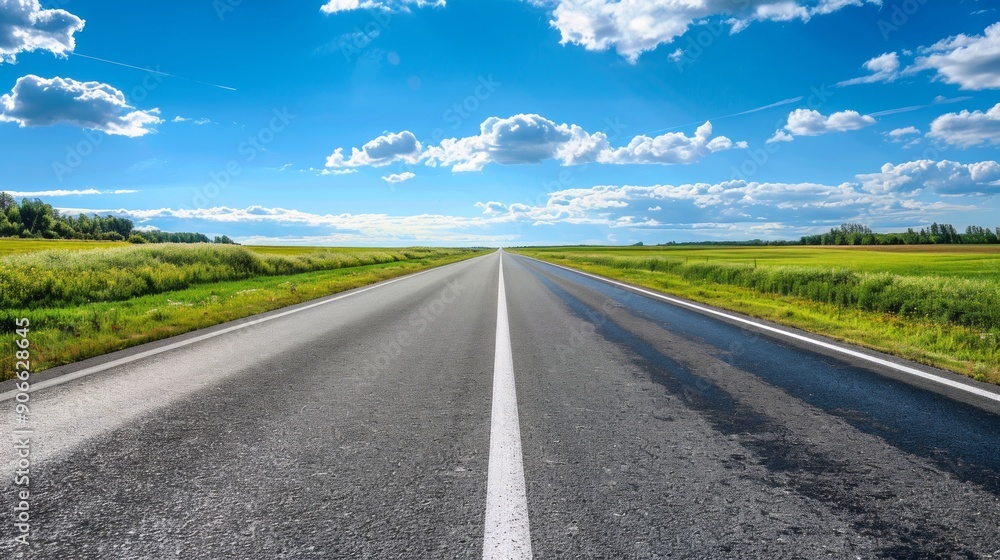 Straight Empty Highway Stretching into the Horizon on a Sunny Day with Puffy White Clouds and Green Fields on Both Sides. Concept of Open Road, Road Trip, Freedom, Adventure Straight Empty Highway Stretching into the Horizon on a Sunny Day with Puffy White Clouds and Green Fields on Both Sides. Concept of Open Road, Road Trip, Freedom, Adventure