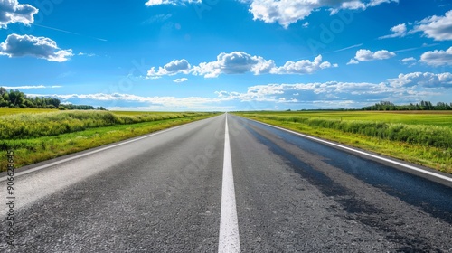 Straight Empty Highway Stretching into the Horizon on a Sunny Day with Puffy White Clouds and Green Fields on Both Sides. Concept of Open Road, Road Trip, Freedom, Adventure