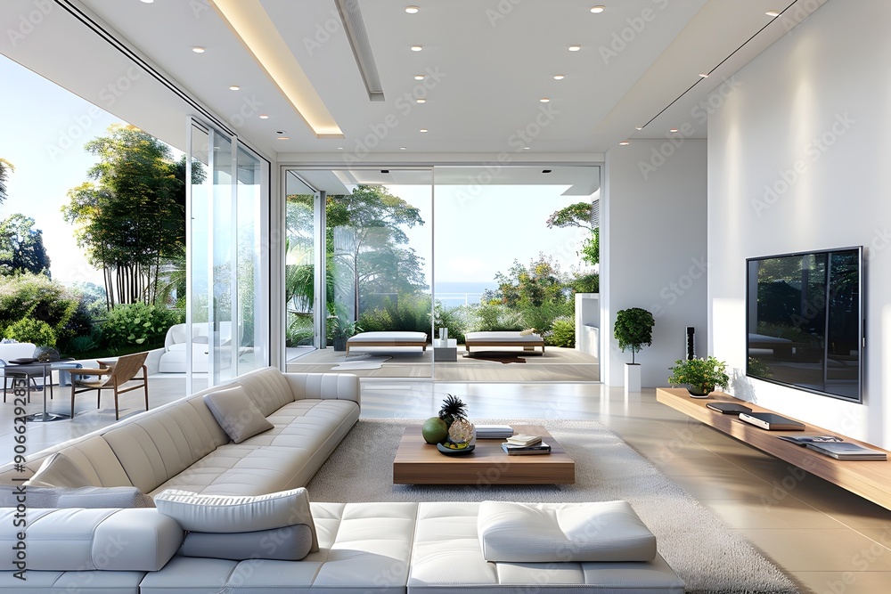 Fototapeta premium Modern Living Room with Large Windows and Ocean View.