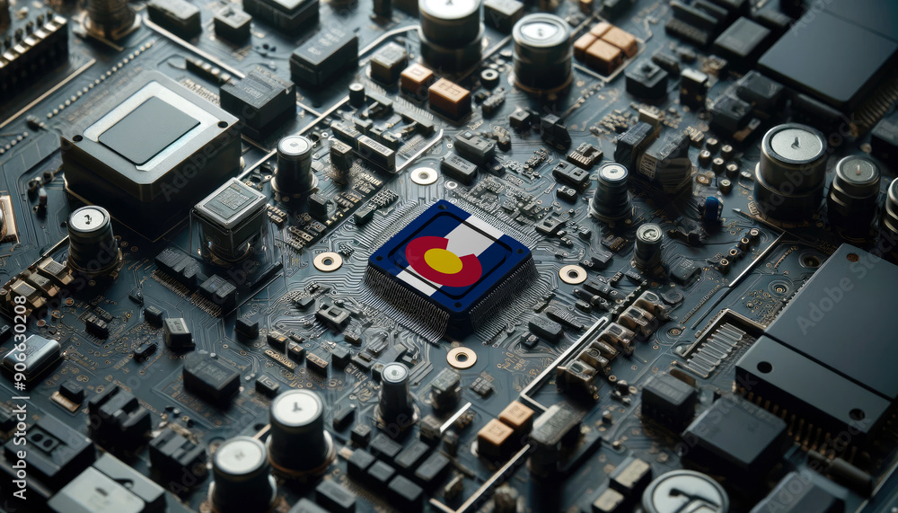 Fototapeta premium A high-tech circuit board showcasing a microchip with the Colorado flag, emphasizing Colorado role in pioneering advanced electronics and microtechnology innovations