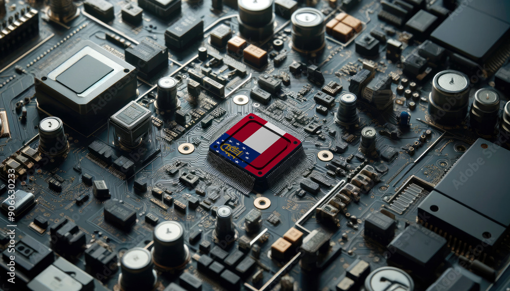 A high-tech circuit board showcasing a microchip with the Georgia flag, emphasizing Georgia role in pioneering advanced electronics and microtechnology innovations A high-tech circuit board showcasing a microchip with the Georgia flag, emphasizing Georgia role in pioneering advanced electronics and microtechnology innovations