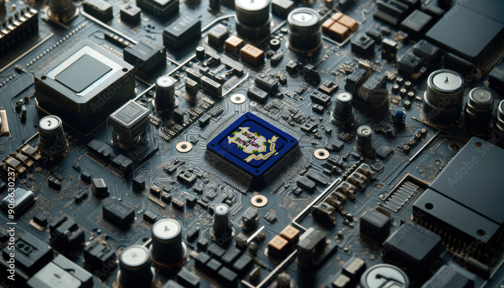 A high-tech circuit board showcasing a microchip with the Connecticut flag, emphasizing Connecticut role in pioneering advanced electronics and microtechnology innovations A high-tech circuit board showcasing a microchip with the Connecticut flag, emphasizing Connecticut role in pioneering advanced electronics and microtechnology innovations