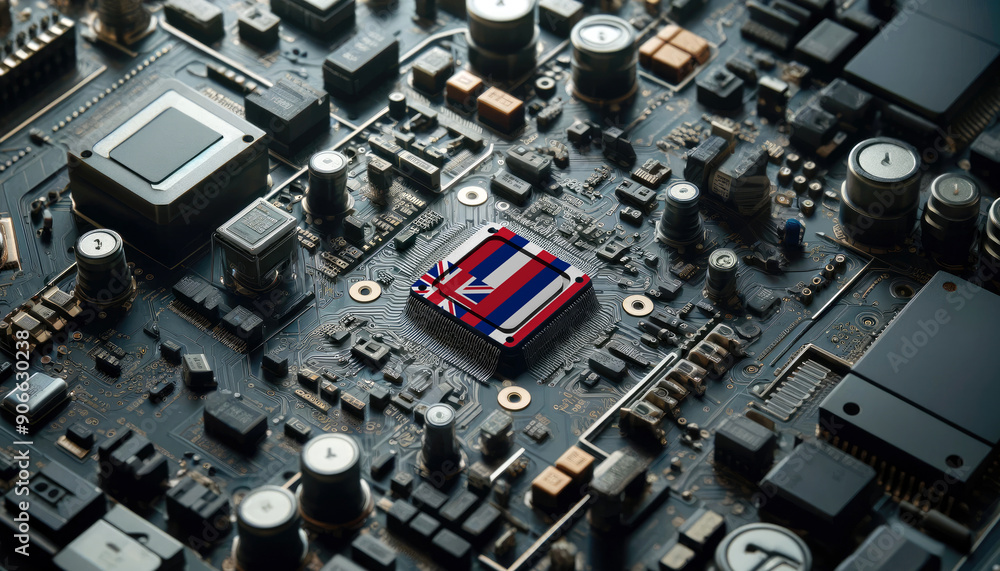A high-tech circuit board showcasing a microchip with the Hawaii flag, emphasizing Hawaii role in pioneering advanced electronics and microtechnology innovations A high-tech circuit board showcasing a microchip with the Hawaii flag, emphasizing Hawaii role in pioneering advanced electronics and microtechnology innovations