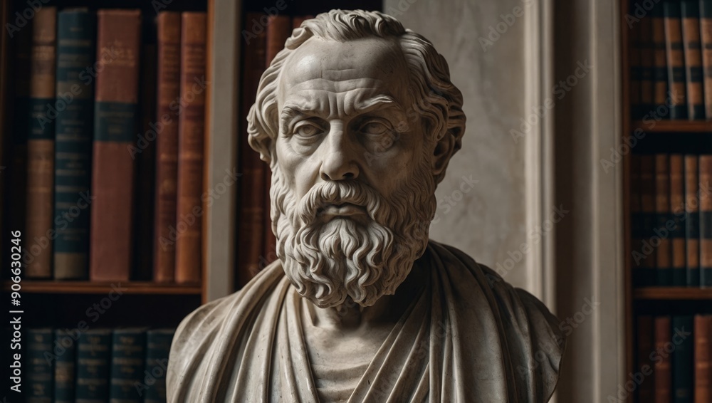 Naklejka premium marble bust of a philosopher in the library, stoic expression, classical library backdrop