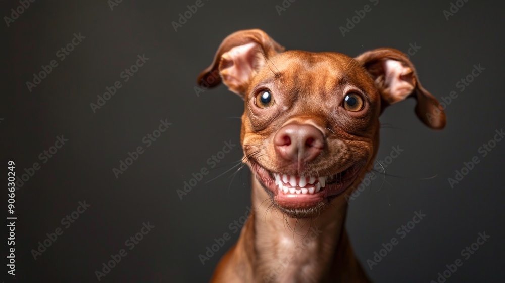 Whimsical Smile of Brown Dog with Perky Ears and Curious Eyes on dark background. Concept of Happy Pets, Canine Expressions, Pet Animal Portraits, Funny Puppy Whimsical Smile of Brown Dog with Perky Ears and Curious Eyes on dark background. Concept of Happy Pets, Canine Expressions, Pet Animal Portraits, Funny Puppy