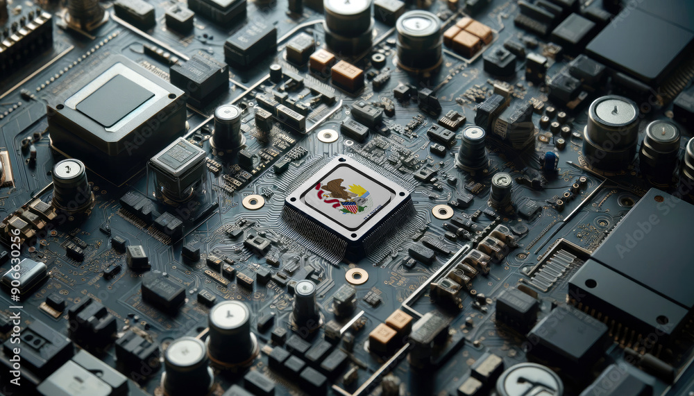 A high-tech circuit board showcasing a microchip with the Illinois flag, emphasizing Illinois role in pioneering advanced electronics and microtechnology innovations A high-tech circuit board showcasing a microchip with the Illinois flag, emphasizing Illinois role in pioneering advanced electronics and microtechnology innovations