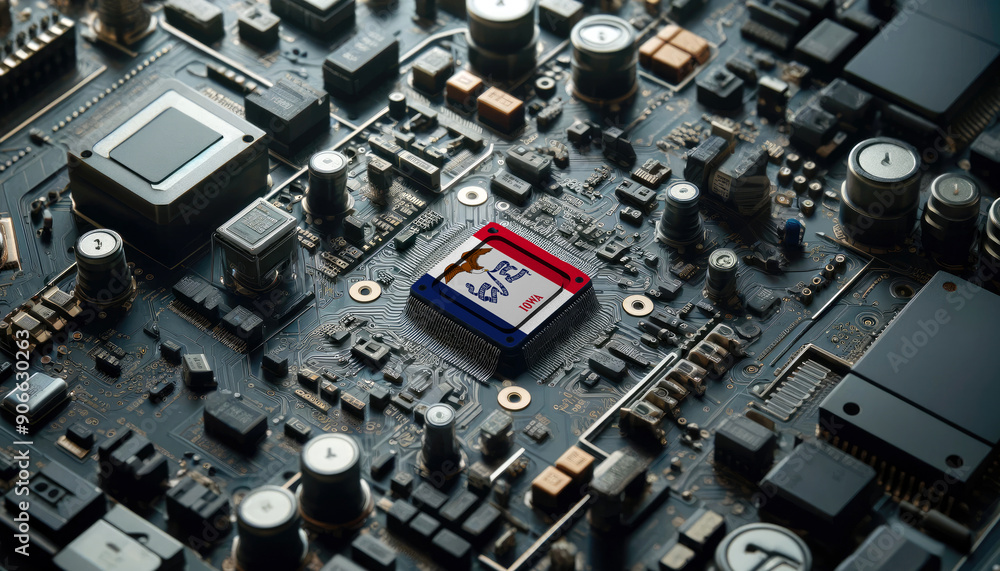 A high-tech circuit board showcasing a microchip with the Iowa flag, emphasizing Iowa role in pioneering advanced electronics and microtechnology innovations A high-tech circuit board showcasing a microchip with the Iowa flag, emphasizing Iowa role in pioneering advanced electronics and microtechnology innovations