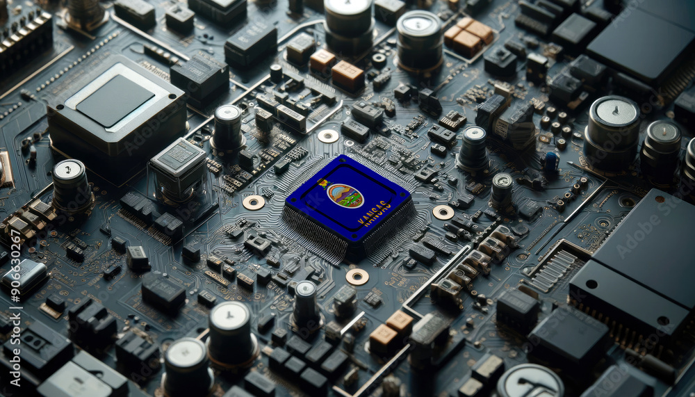 A high-tech circuit board showcasing a microchip with the Kansas flag, emphasizing Kansas role in pioneering advanced electronics and microtechnology innovations