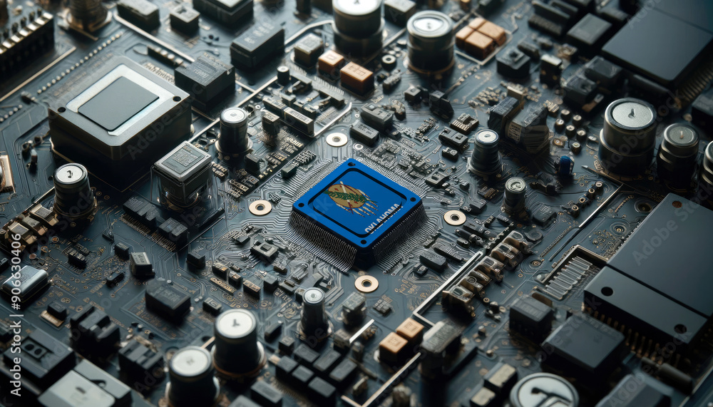A high-tech circuit board showcasing a microchip with the Oklahoma flag, emphasizing Oklahoma role in pioneering advanced electronics and microtechnology innovations A high-tech circuit board showcasing a microchip with the Oklahoma flag, emphasizing Oklahoma role in pioneering advanced electronics and microtechnology innovations
