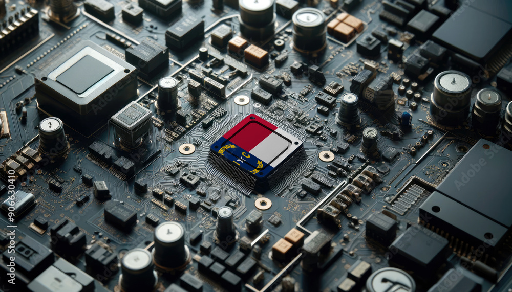 A high-tech circuit board showcasing a microchip with the North Carolina flag, emphasizing North Carolina role in pioneering advanced electronics and microtechnology innovations A high-tech circuit board showcasing a microchip with the North Carolina flag, emphasizing North Carolina role in pioneering advanced electronics and microtechnology innovations