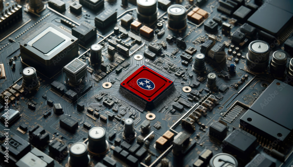 A high-tech circuit board showcasing a microchip with the Tennessee flag, emphasizing Tennessee role in pioneering advanced electronics and microtechnology innovations A high-tech circuit board showcasing a microchip with the Tennessee flag, emphasizing Tennessee role in pioneering advanced electronics and microtechnology innovations