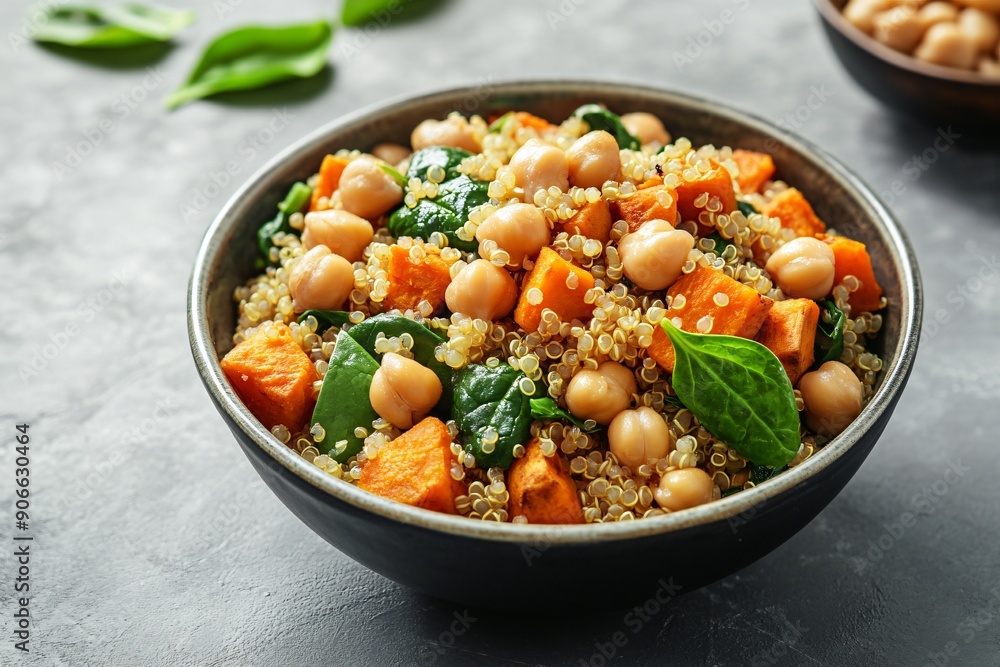 Nutritious grain bowl with quinoa, roasted sweet potatoes, chickpeas, and spinach, a satisfying and wholesome meal.
Nutritious grain bowl with quinoa, roasted sweet potatoes, chickpeas, and spinach, a satisfying and wholesome meal.