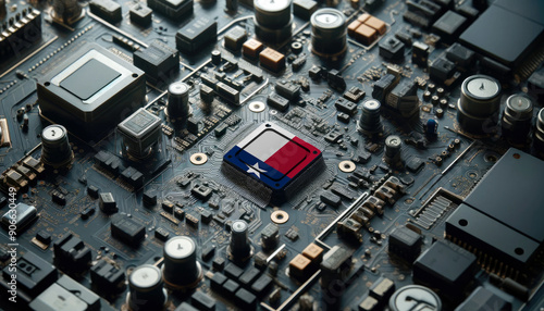 A high-tech circuit board showcasing a microchip with the Texas flag, emphasizing Texas role in pioneering advanced electronics and microtechnology innovations photo